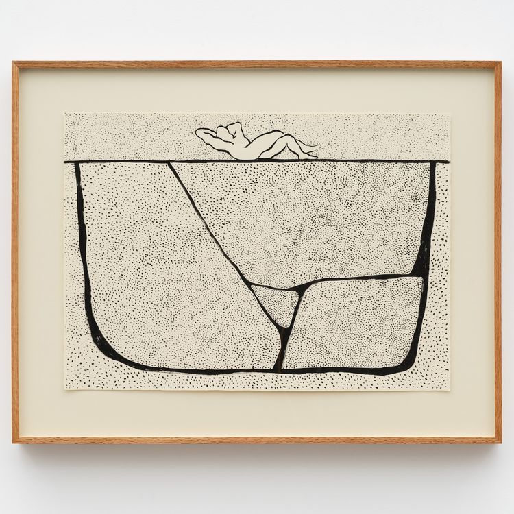 Gabriel Slavitt, Time Lost, 2024. India ink on paper in artist's frame. 19 x 26 1/4 inches, unframed; 26 x 33 1/4 x 2 1/2 inches, framed.