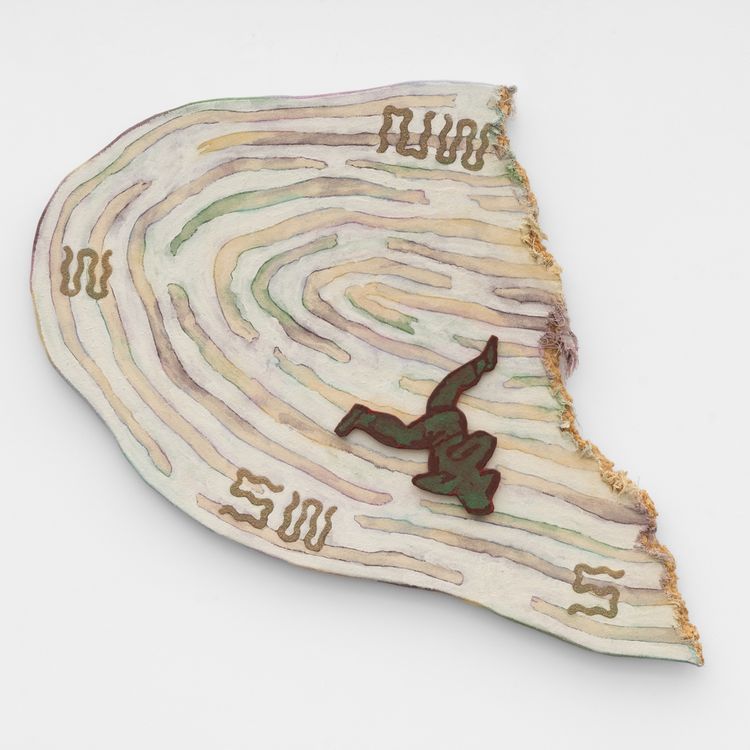 Gabriel Slavitt, Seeking the Guru, 2024. House paint, drywall mud, colored pencil, wood glue & sand on canvas stretched over wood panels. 33 3/4 x 29 1/2 x 1 3/4 inches.