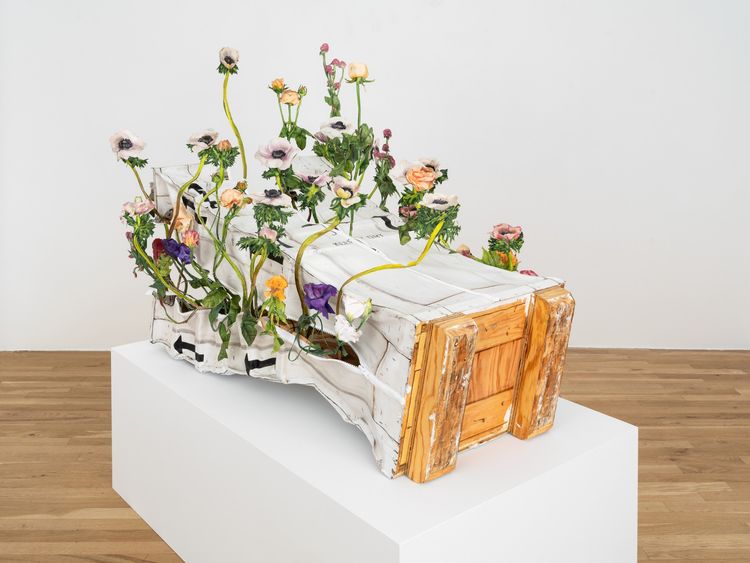 David Kennedy Cutler, "Reclining Vessel," 2026, inkjet transfer, acrylic, and clear coat on canvas, armature wire, zippers, wood, 39.5 x 49 x 37 inches. Courtesy Derek Eller Gallery.
