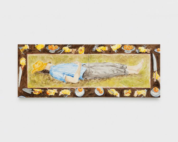 Tanya Merrill, American Persimmon orchard (a Marriage of Dunbar and Wythe), 2026, Oil and graphite on linen, 36 x 96 inches (91.4 x 243.8 cm)
