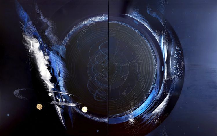 Hiroko Ohno, "Galaxy: Event Horizon," 2018–2021 (diptych). Mineral pigments (lapis lazuli, azurite), seashells, mica, coral, salt, acrylic on linen. 96 × 152 inches.