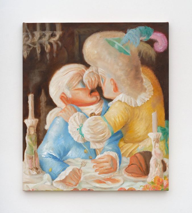 Falon Stutzman, Husband choking on roast beef, 2026. Oil on canvas 38 x 34 in 96.5 x 86.4 cm