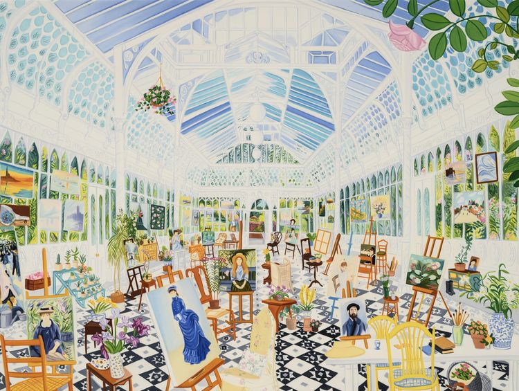 Gretchen Scherer, A Conservatory With Paintings, 2025–26. Oil and acrylic on panel, 18 x 24 in. Courtesy Richard Heller Gallery.