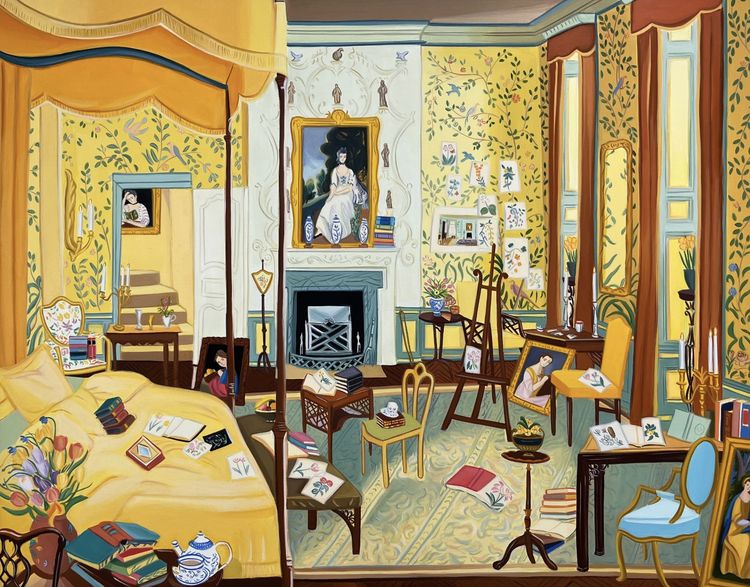 Gretchen Scherer, English Bedroom of the Georgian Period, 1760-75, after Narcissa Niblack Thorne, 2025. Oil and acrylic on panel, 14 x 18 in. Courtesy Richard Heller Gallery.