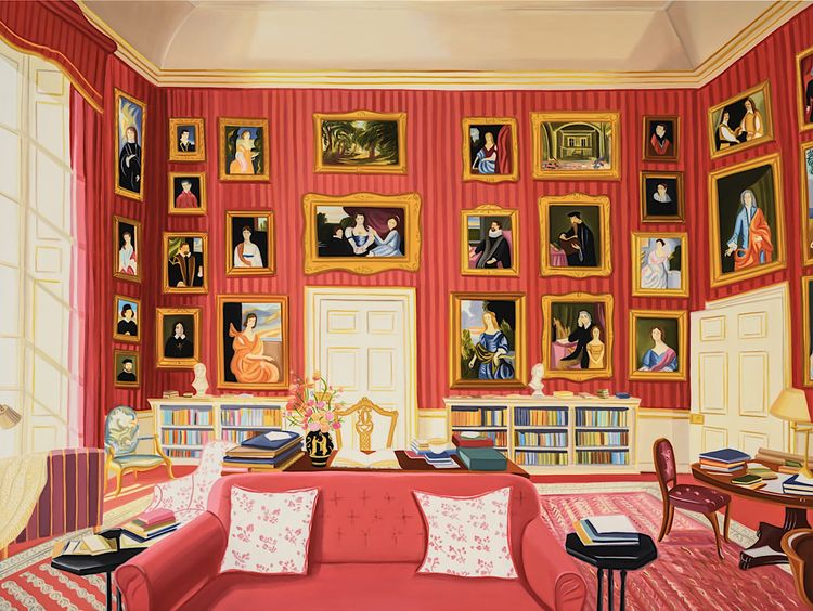 Gretchen Scherer, Petworth House, The Red Library, North Wall, 2025. Oil and acrylic on panel, 18 x 24 in. Courtesy Richard Heller Gallery.