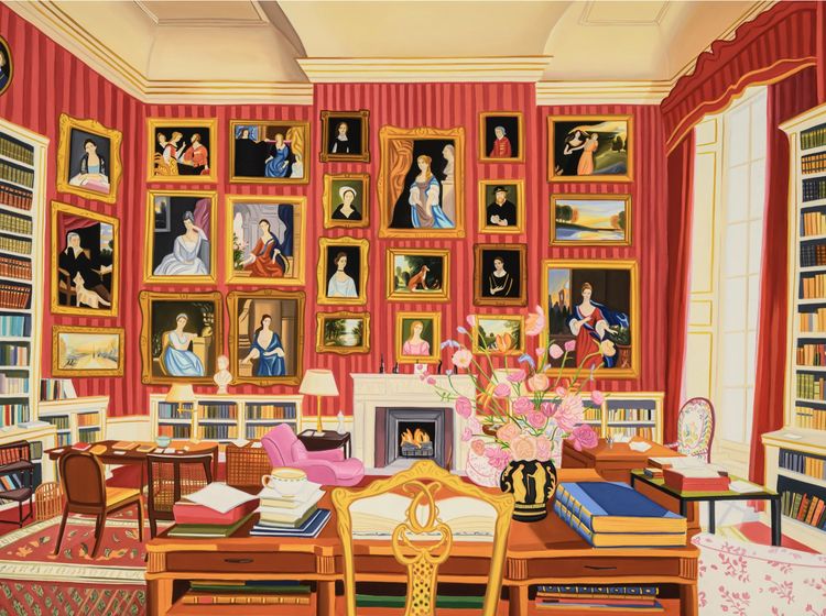 Gretchen Scherer, Petworth House, The Red Library, South Wall, 2025. Oil and acrylic on panel, 18 x 24 in. Courtesy Richard Heller Gallery.