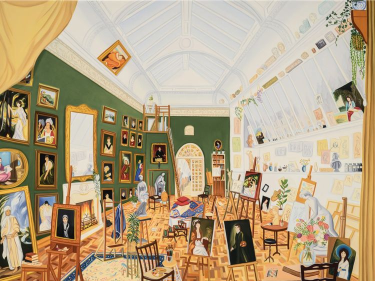 Gretchen Scherer, Royal Academy of Art, Life Drawing Room, 2025. Oil and acrylic on panel, 18 x 24 in. Courtesy Richard Heller Gallery.