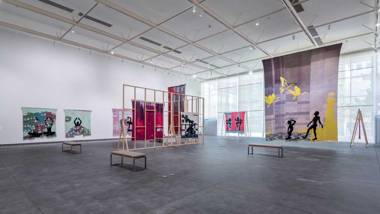 Installation view, Diedrick Brackens: gather tender night, Yerba Buena Center for the Arts