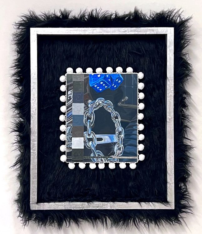 Jacqueline Valenzuela, Echo Parque, 2024, disco glass, faux fur, pompoms, acrylic, oil, and silver leaf on wood panels, 20 1/4 x 16". Courtesy the artist and Craig Krull Gallery, Santa Monica CA.