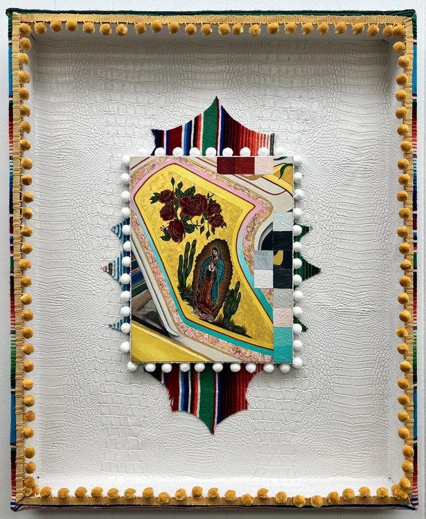 Jacqueline Valenzuela, El Fin de la Calle, 2023, aerosol, faux crocodile leather, pompom trim, serape, and oil on wood panels, 32 x 26". Courtesy the artist and Craig Krull Gallery, Santa Monica CA.