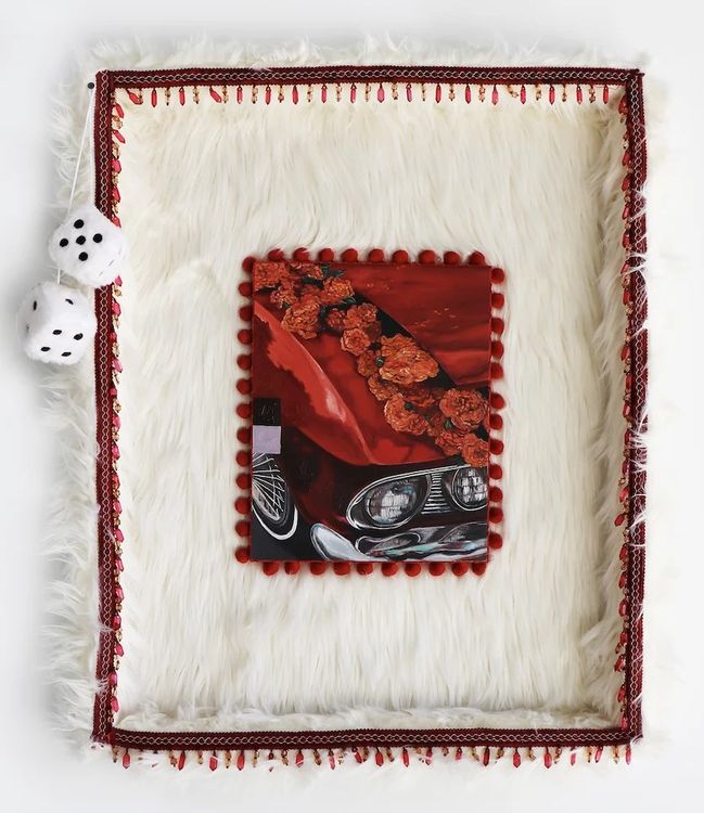 Jacqueline Valenzuela, En tu Recuerdo, 2023, jeweled fringe, color pencil, faux fur, fuzzy dice, red pompom fringe, and oil on wooden panels, 32 x 26". Courtesy the artist and Craig Krull Gallery, Santa Monica CA.