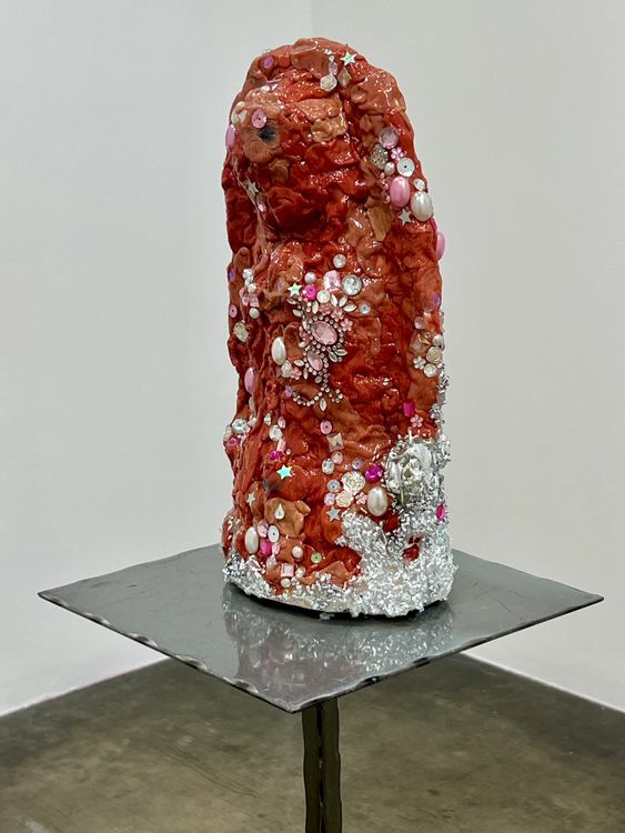 Jacqueline Valenzuela, Flesh of My Flesh, 2026, Dubble Bubble, embellishments, found objects, metal stand. Courtesy the artist and Craig Krull Gallery, Santa Monica CA.