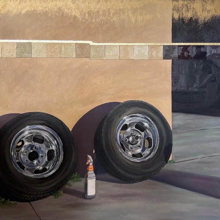 Jacqueline Valenzuela, Jellybean Slots, 2023, aerosol, goldleaf, oil, and paint marker on canvas, 20 x 20". Courtesy the artist and Craig Krull Gallery, Santa Monica CA.