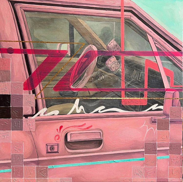 Jacqueline Valenzuela, Just Like Candy, 2023, China marker, gold leaf, and oil on canvas, 20 x 20". Courtesy the artist and Craig Krull Gallery, Santa Monica CA.