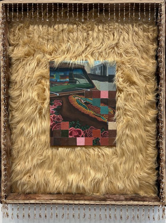 Jacqueline Valenzuela, Me despojo de todo lo que disminuya el valor de mi ofrenda, 2023, crushed velvet, faux fur, jeweled trim, and oil on wild panels with saint candle and rose, 32 x 26". Courtesy the artist and Craig Krull Gallery, Santa Monica CA.