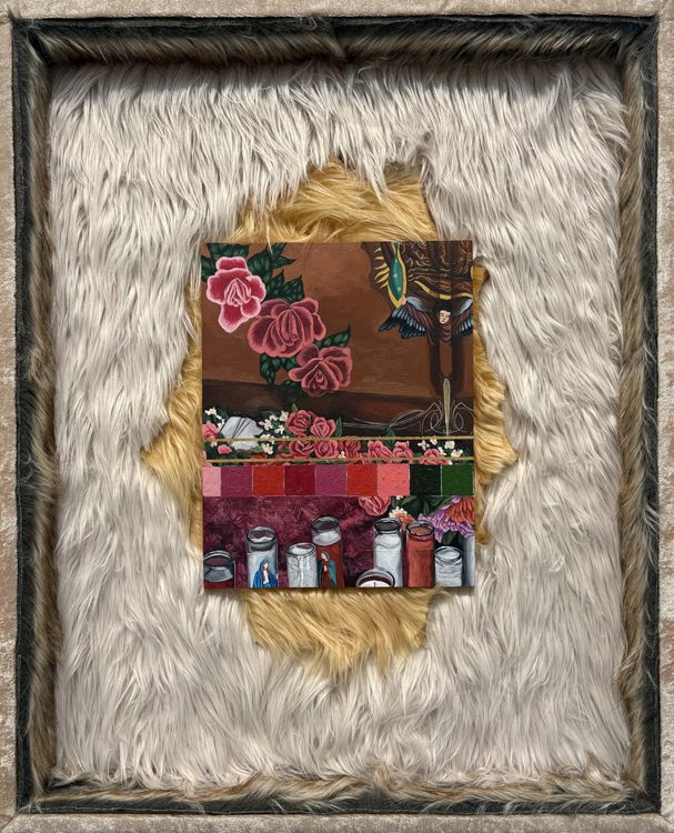 Jacqueline Valenzuela, Piensa en Mi, Llora por Mi, 2023, crushed velvet, faux fur, and oil on wood panels with personal items, 32 x 26". Courtesy the artist and Craig Krull Gallery, Santa Monica CA.