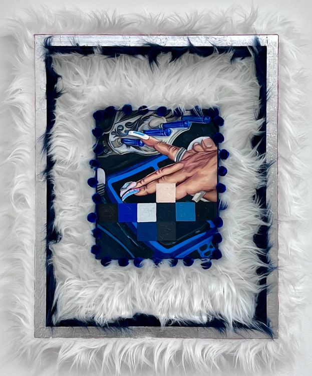 Jacqueline Valenzuela, Switches, 2024, acrylic, faux fur, gold leaf, pompoms, and oil on wooden panels, 20 1/4 x 16". Courtesy the artist and Craig Krull Gallery, Santa Monica CA.