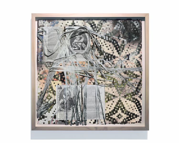 Sarah Sense, Matoaka, Pocahontas, Rebecca, 2026, Woven archival inkjet prints on Hahnemuhle bamboo paper and Hahnemuhle rice paper, beeswax, Arches watercolor paper, silk thread, cotton thread, artist tape
