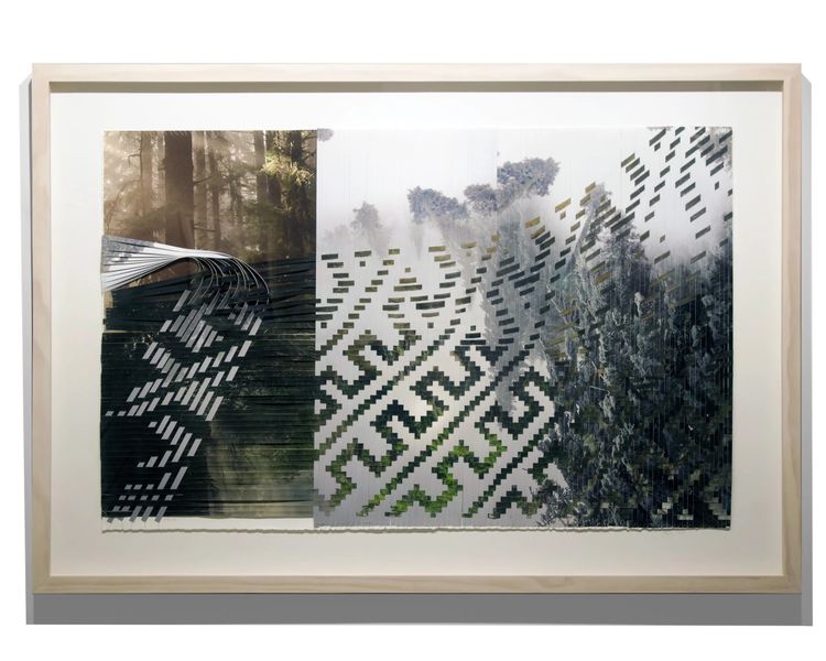 Sarah Sense, Broken Plait Trees, 2025, Woven archival inkjet prints on Hahnemuhle bamboo paper and Hahnemuhle rice paper, Arches Watercolor paper, beeswax, cotton thread, artist tape