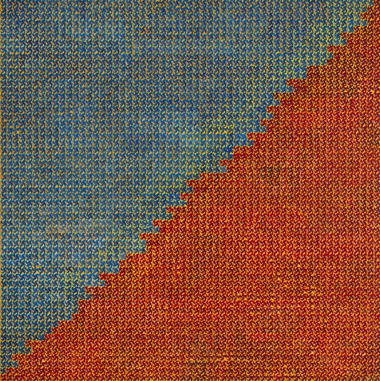 Katia Santibañez, 9x,uf, 2025. Oil on canvas, 45 x 45 inches. Courtesy DC Moore Gallery
