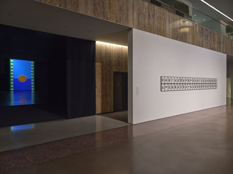Tacita Dean: FILM, installation view with Loss Begets Imitation (Mount Analogue, 1–48) (2026) in the MAF lobby, Marciano Art Foundation. Photo by Heather Rasmussen.