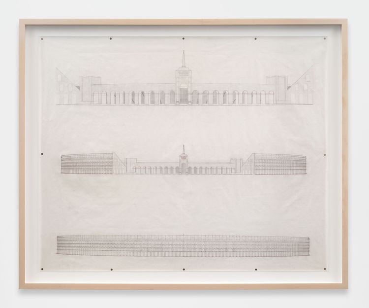 Paul Pfeiffer, Vitruvian Figure (Los Angeles Memorial Coliseum: Elevations), 2026. Black and red graphite on vellum. Unframed: 58 3/4 x 72 1/4 inches | Framed: 66 3/4 x 81 x 3 inches. Courtesy of the artist and Perrotin.