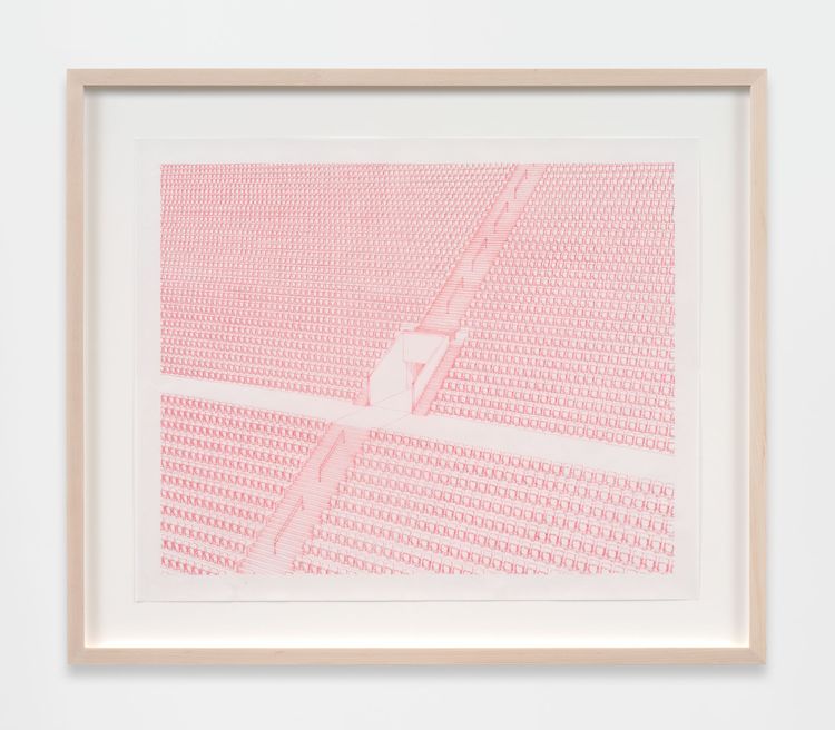 Paul Pfeiffer, Vitruvian Figure (Los Angeles Memorial Coliseum: Vomitorium I), 2026. Red ink on vellum. Unframed: 27 x 32 1/2 inches | Framed: 34 1/2 x 40 1/2 x 2 inches. Courtesy of the artist and Perrotin.
