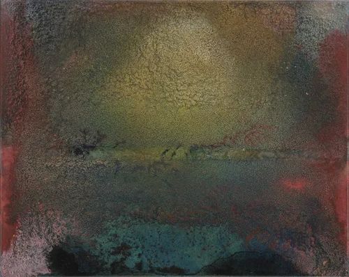 Liam Everett, Untitled (the descent), 2026, Ink, oil, sand, wood ash on linen