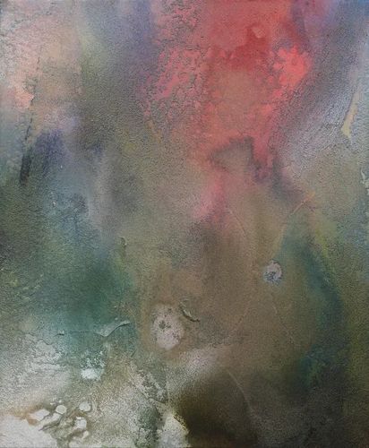 Liam Everett, Untitled (Io), 2026, Ink, oil, sand, wood ash on linen